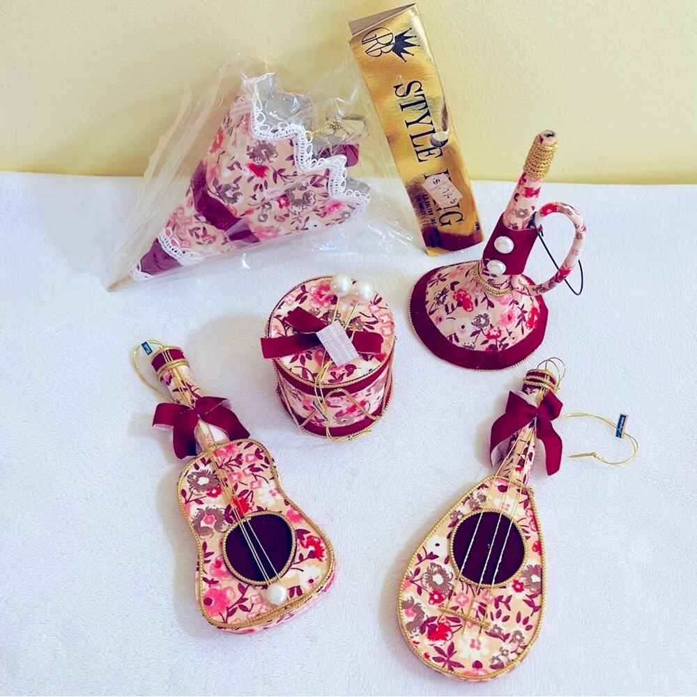 5 Vtg Fabric Ornaments Japan Instruments Horn Drum Guitar Mandolin Umbrella